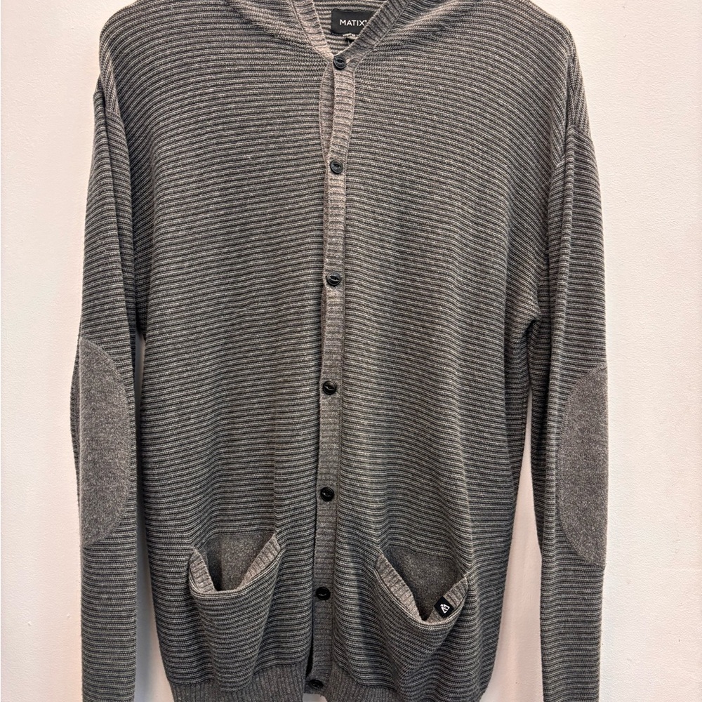 Y2K Matix Grey Hooded Cardigan Mens Medium Padded Elbows Front Pockets Skater